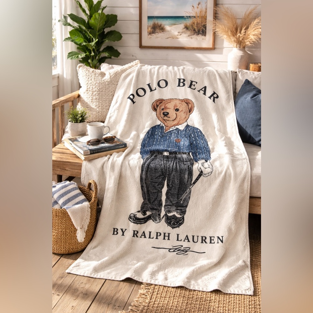 Vintage Ralph Lauren Polo Bear Beach Towel Preppy Golf Teddy Cream